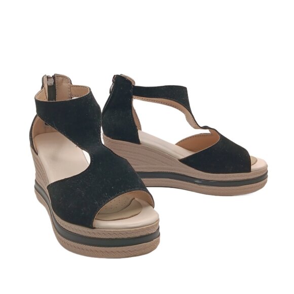 T-Strap Platform Sandals Womens 38 Black Faux Suede Back Zip Wedge Espadrille - Picture 3 of 5